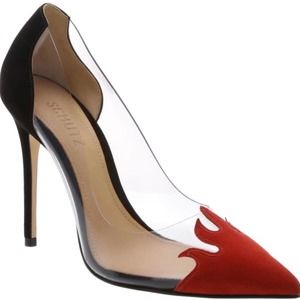 Schutz Den Flame Pointy Toe Clear Vinyl Pumps Black Red Transparent Heels